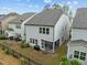 Aerial view showcasing the home's backyard with patio, landscaping, and neighborhood at 1915 Kings Knot Ct, Apex, NC 27502