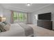 Spacious main bedroom featuring a large window, TV, and an ensuite bathroom at 1915 Kings Knot Ct, Apex, NC 27502