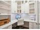 Bright home office with custom white cabinetry, a modern white desk, and wood-look flooring at 2112 Bradford Mill Ct, Apex, NC 27539