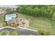Aerial view of the community amenities, including a pool, a playground, and parking area at 2157 Blue Iris Way, Zebulon, NC 27597