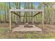 Inviting backyard fire pit area with swing chairs, wood structure, and wooded background at 250 Highview Dr, Youngsville, NC 27596