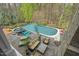 Aerial view of the backyard, showcasing the beautiful pool, spa, and outdoor living area with comfortable seating at 417 Westbury Dr, Chapel Hill, NC 27516