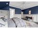 A stylish bedroom features a blue accent wall, a cozy desk nook, and built-in shelving at 417 Westbury Dr, Chapel Hill, NC 27516