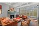 Comfortable living room with a stone fireplace, coffered ceiling, and plenty of natural light at 417 Westbury Dr, Chapel Hill, NC 27516