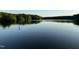Still water of lake framed by lush green trees under a bright sky and early sunlight at 5109 Windance Pl, Holly Springs, NC 27540