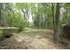 Spacious backyard featuring a small foot bridge and a pathway through mature trees at 6417 Meadow View Dr, Raleigh, NC 27609