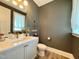 Charming powder room featuring white countertops, modern fixtures, and a wall-mounted mirror at 6521 Camellia Creek Dr, Raleigh, NC 27603