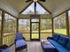 Inviting screened porch with comfortable blue seating, vaulted ceilings, and picturesque wooded views at 6521 Camellia Creek Dr, Raleigh, NC 27603