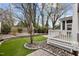 Beautiful backyard with artificial turf, mature trees, stone accents, and privacy fencing at 711 Virginia Ave, Raleigh, NC 27604