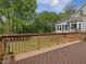 Wide backyard deck overlooking a lush lawn and mature trees, ideal for outdoor activities at 1008 Brittley Way, Apex, NC 27502
