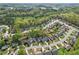 Panoramic aerial view showcasing the neighborhood layout, mature trees, and residential streets at 1039 S Philwood Ct, Fuquay Varina, NC 27526