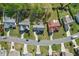Overhead view of a neighborhood showcasing well-maintained homes, green spaces, and tree-lined streets at 1039 S Philwood Ct, Fuquay Varina, NC 27526