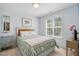 Bedroom with decorative bedding, window with blinds and carpeted floor at 1039 S Philwood Ct, Fuquay Varina, NC 27526