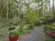 Beautiful wooded backyard featuring natural landscaping and meandering stone paths at 1604 Meadow Ln, Chapel Hill, NC 27516