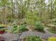 Beautiful wooded backyard featuring natural landscaping and meandering stone paths at 1604 Meadow Ln, Chapel Hill, NC 27516
