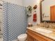 Well-lit bathroom featuring granite countertops, a shower with blue patterned curtains, and modern fixtures at 1604 Meadow Ln, Chapel Hill, NC 27516