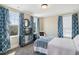 Bright bedroom with large windows, blue curtains, and a comfortable bed with blue accents at 2308 Swansea Ln, Apex, NC 27502