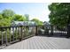Wide deck with dark brown wooden surface and a view of neighborhood greenery and garages at 233 Sweet Bay Pl, Carrboro, NC 27510