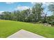 Expansive green lawn slopes gently away from a concrete patio, backed by mature trees, creating a peaceful outdoor space at 3841 Rosebush Dr, Zebulon, NC 27597