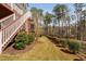 Landscaped yard with tall trees and shrubs, providing a serene backdrop to the deck and stairs at 437 Creekhurst Pl, Cary, NC 27519
