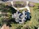 Aerial view showcases a sprawling home with a circular driveway, lush landscaping, and expansive backyard at 5768 Cavanaugh Dr, Raleigh, NC 27614