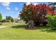 Grassy backyard featuring a stone fire pit with an outdoor grill and mature trees at 609 W Main St, Benson, NC 27504