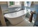 Modern bathroom featuring a white soaking tub with stylish fixtures and a decorative accent table, illuminated by natural light at 103 Windhover Dr, Chapel Hill, NC 27514