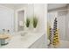 Well-lit bathroom featuring a white vanity, shower with patterned curtain, and neutral wall paint at 109 Homegate Cir, Apex, NC 27502