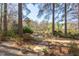 A serene backyard featuring stone walkway leading to an outdoor table with pond view at 111 Fox View Pl, Cary, NC 27511