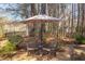 Backyard featuring shade umbrella with outdoor seating, nestled among trees with sunny exposure at 111 Fox View Pl, Cary, NC 27511