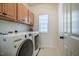 Bright laundry room features modern front load washer/dryer and overhead cabinets at 113 Glenmore Rd, Chapel Hill, NC 27516