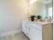 Well-lit bathroom showcasing double sinks with granite countertops, white cabinets, and a decorative houseplant at 113 Tower Ridge Ln, Sanford, NC 27330