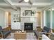 Living room featuring a fireplace, neutral walls, and modern decor at 113 Tower Ridge Ln, Sanford, NC 27330