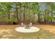 Backyard firepit area with chairs, set against a backdrop of lush trees and an iron fence at 114 Carriage Hill Dr, Stem, NC 27581
