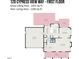 First-floor plan featuring an open layout connecting the living, dining, and kitchen areas with garage and outdoor patio at 120 Cypress View Way, Apex, NC 27502