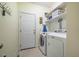 Well-organized laundry room featuring white appliances, storage shelves, and a bright, clean design at 18 Green Ridge Ln, Pittsboro, NC 27312