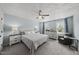 Serene bedroom with patterned ceiling, large windows, and comfortable furnishings at 230 Bradley Dr, Benson, NC 27504