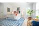 Bright bedroom featuring neutral walls, a blue striped rug, and a comfortable bed near a window at 3303 Silver Star Dr, Durham, NC 27713