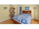 Bedroom features hardwood floors, and a bed with a blue patterned quilt at 3308 Churchill Rd, Raleigh, NC 27607