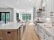 Modern kitchen showcasing a center island with seating, wood floors and white cabinets, open to the breakfast area at 3832 Noremac Dr, Raleigh, NC 27612