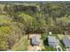 Aerial view of a single Gathering home with a fenced backyard, shed, and well-maintained lawn in a leafy neighborhood at 420 Feldspar Way, Durham, NC 27703