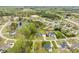 Neighborhood aerial view highlighting well-maintained properties, a tranquil pond, and verdant trees at 603 Goal Kick Dr, Fuquay Varina, NC 27526