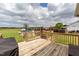 Inviting wooden deck with ample space for seating, overlooking a lush green lawn and a refreshing pool at 82 Sommerset Dr, Clayton, NC 27520