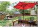 Cozy backyard deck with outdoor seating and red umbrella, perfect for relaxation at 1105 Terrace Ct, Raleigh, NC 27615