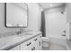 Well-lit bathroom showcasing a vanity with light countertop and black hardware with a tub and shower combo at 1213 Rocky Point Ln, Durham, NC 27712