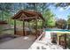 A cozy outdoor setup, complete with a grill and inviting furniture, overlooks a pristine pool at 132 Wheatsbury Dr, Cary, NC 27513