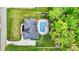 An aerial view of a home showcasing a backyard pool, lush green lawn, and patio area for outdoor enjoyment at 1325 George Bason Rd, Graham, NC 27253