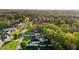 An aerial view of a neighborhood showcasing tree-lined streets and a backyard with a pool at 1325 George Bason Rd, Graham, NC 27253