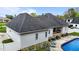 Aerial view showcasing the home's backyard pool, patio, and well-maintained landscaping at 1325 George Bason Rd, Graham, NC 27253