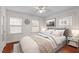 This beautifully staged bedroom offers a serene retreat with soft colors, two windows, and a ceiling fan at 1631 Sunset Ave, Henderson, NC 27536